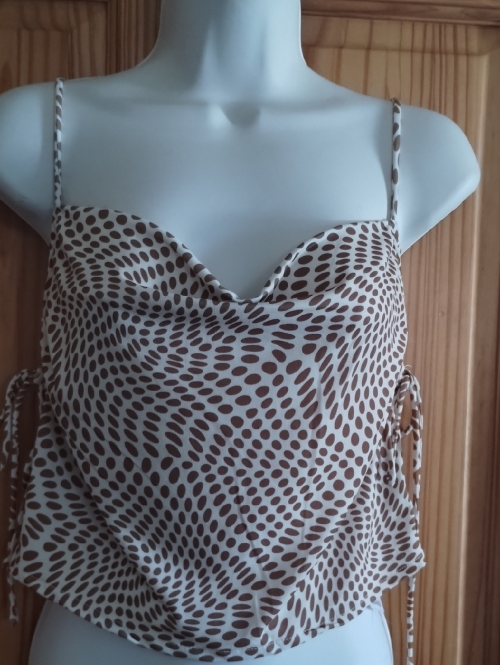 Bershka Cream and Brown Polka Dot Satin Cowl Neck Camisole